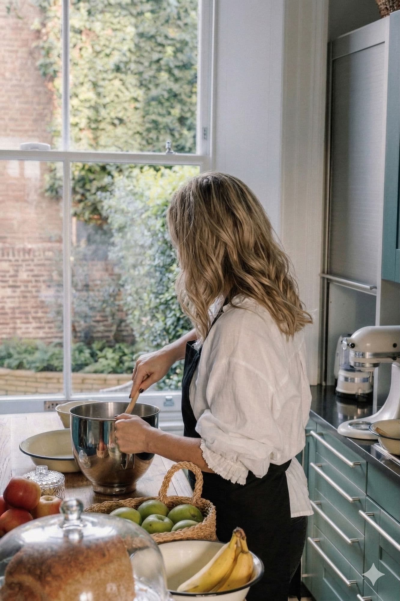 Andressa in her kitchen, stirring a mixing bowl by the window