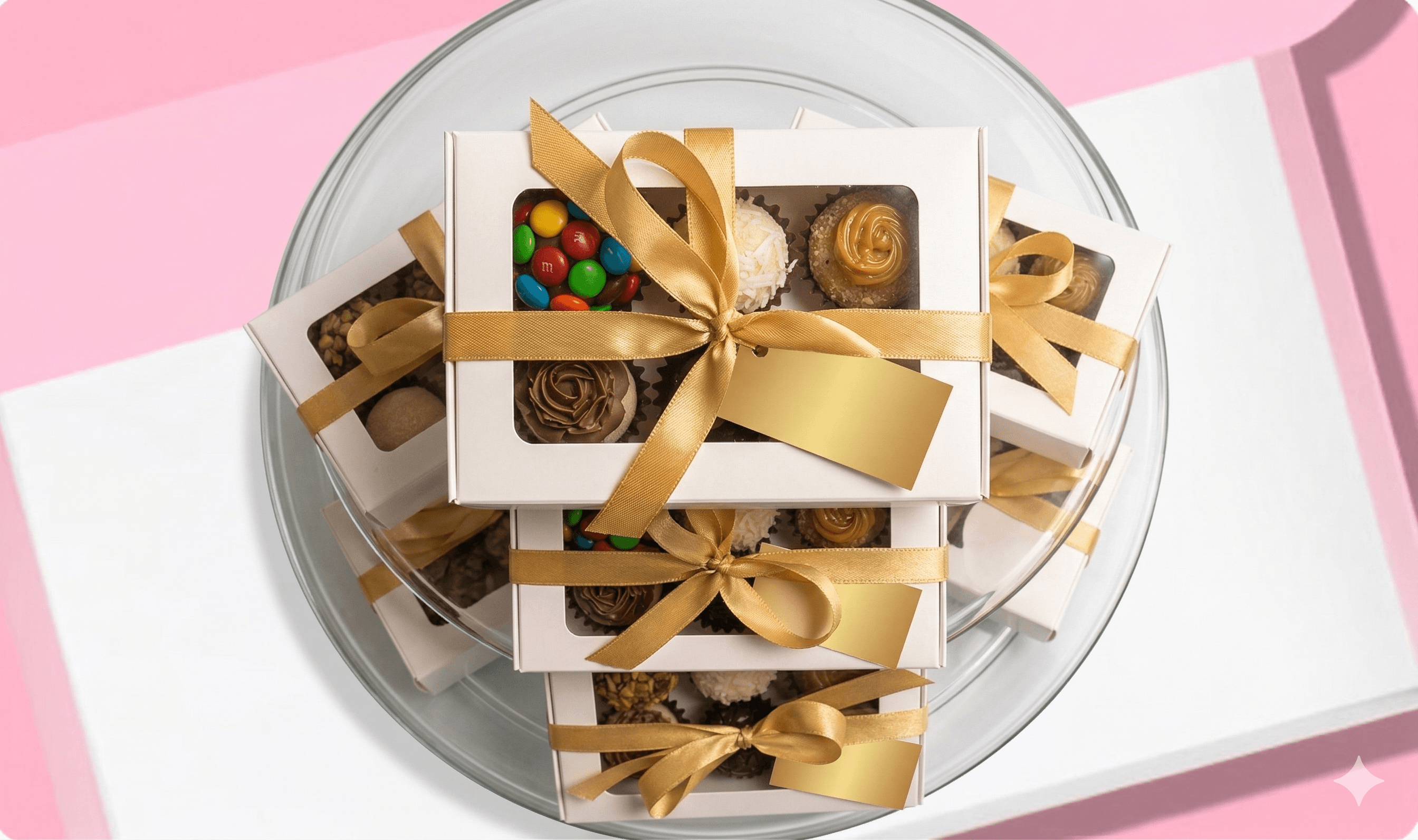 Stacked Divine Delights gift boxes with gold ribbons, top-down view