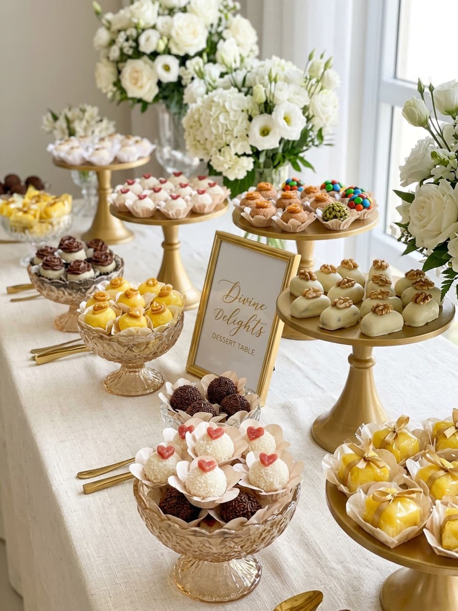 Divine Delights dessert table with gold stands and white flowers